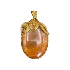 Vintage Gold Tone Filigree West Germany Brown Porphyry Glass Necklace Pendant